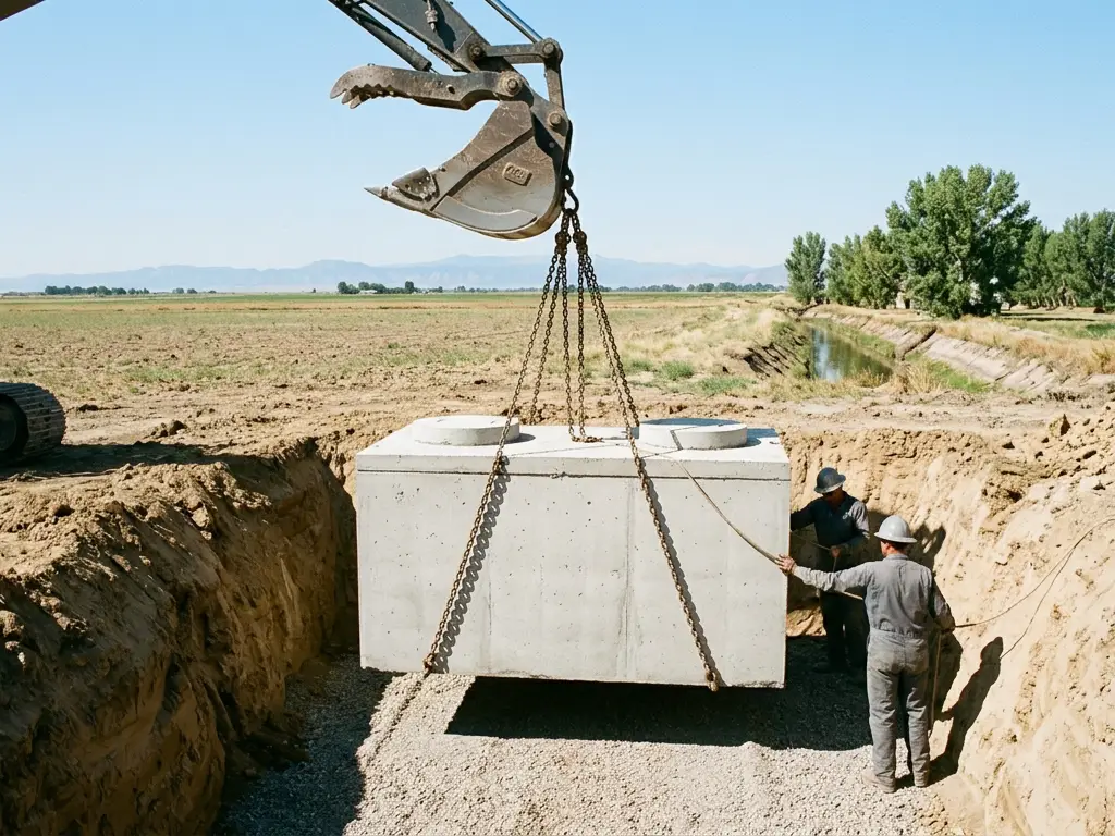 Precast concrete septic tank being lowered into a pit on an acreage in Weld County near Greeley, CO