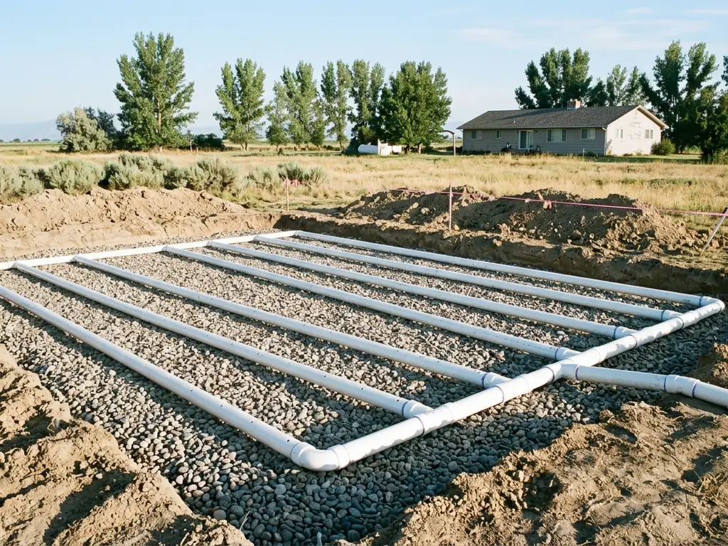 Pressure distribution laterals laid on washed rock for an engineered septic bed in Weld County, CO, west of Greeley