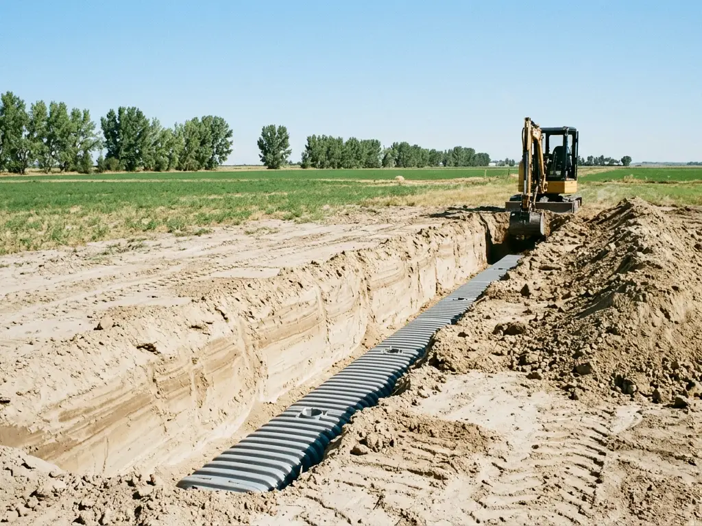 Leach field trench with infiltration chambers on farm ground near Greeley, CO