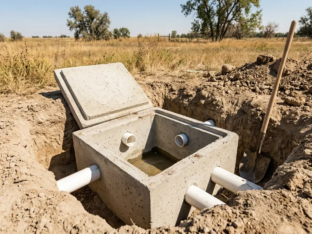 Septic distribution box uncovered on a rural lot near Evans, CO, south of Greeley