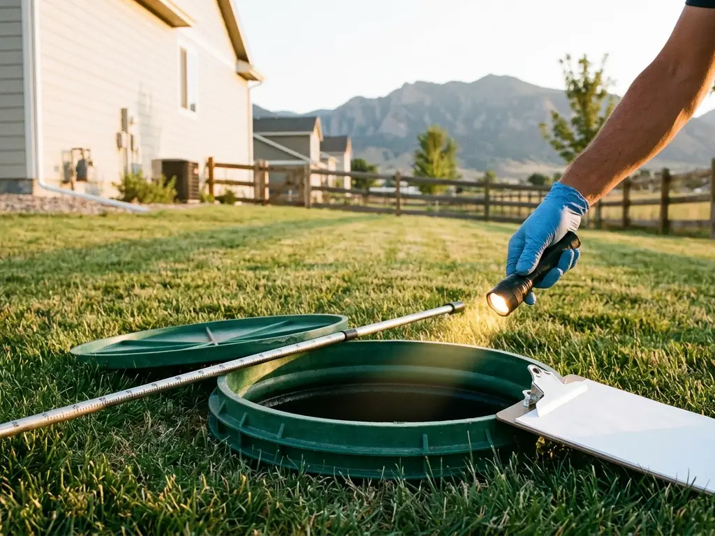 Septic inspection at an open green riser lid at a home near Fort Collins, CO, northwest of Greeley