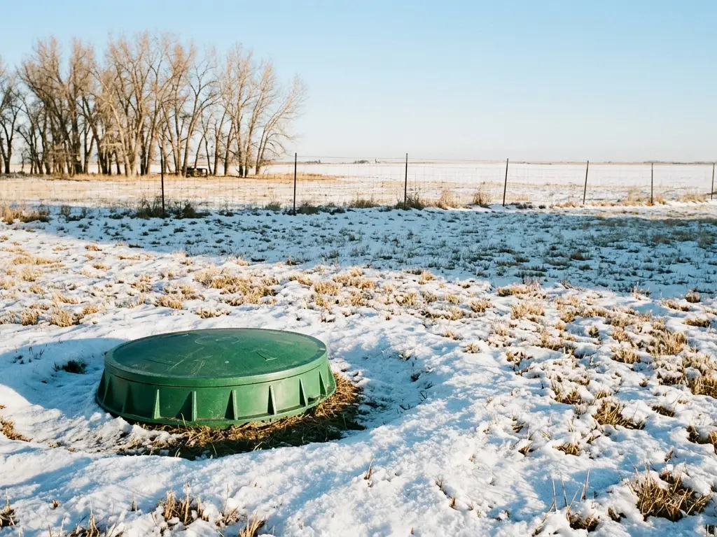 Green septic riser lid in a snow-covered rural yard near Greeley, CO, with the snow melted around it