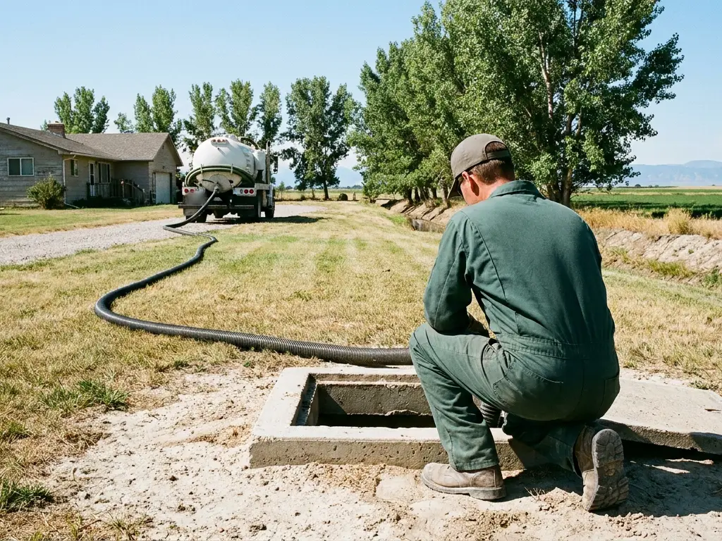 Septic technician kneeling at an open concrete tank lid with a pump truck hose running to it on an acreage outside Greeley, CO, with an irrigation ditch and the Front Range behind